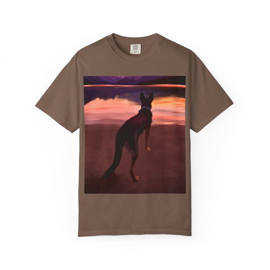 Sunset Mountains & Dog T-Shirt — Scenic Lake Reflection Tee