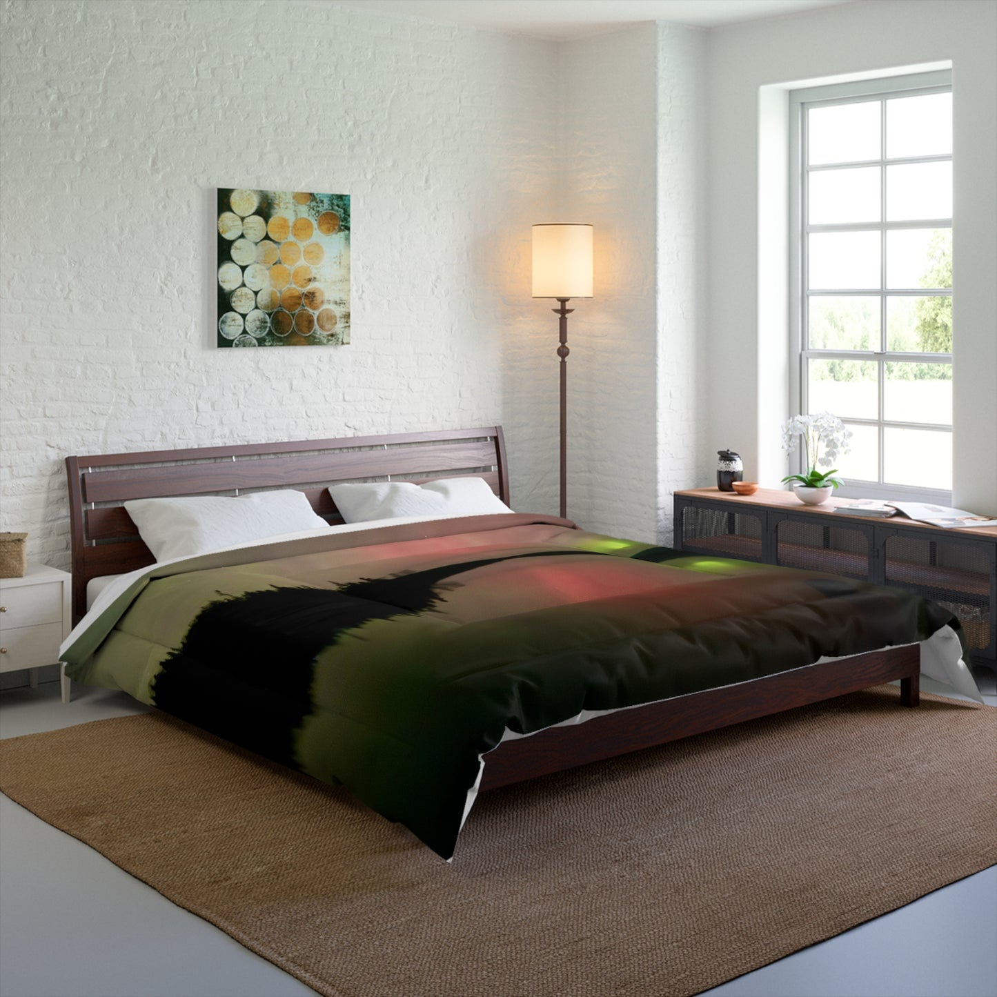 Aurora Lake Comforter - Northern Lights Bedding with Forest Silhouette