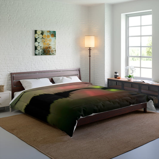 Aurora Lake Comforter - Northern Lights Bedding with Forest Silhouette