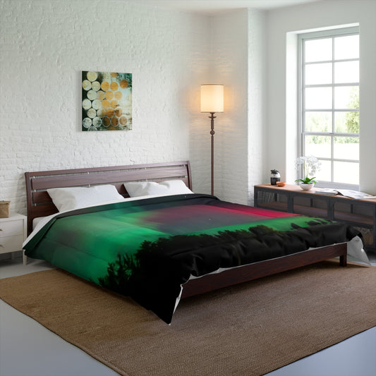 Northern Lights Comforter — Aurora Borealis Duvet Cover, Forest Silhouette Bedding