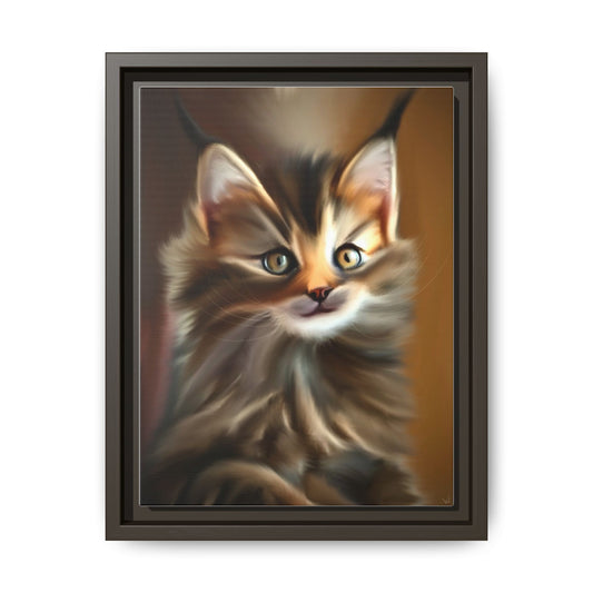 Framed Matte Canvas Kitten Portrait — Fluffy Tabby Cat Wall Art