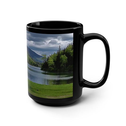 Lake View Black 15oz Mug — Scenic Mountain & Lake Coffee Cup