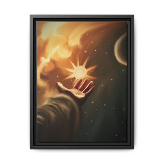Framed Matte Canvas Art – Hand Reaching for Starry Sunscape