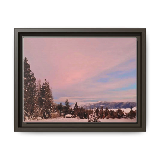 Framed Matte Canvas Print — Pink Winter Sunset Landscape