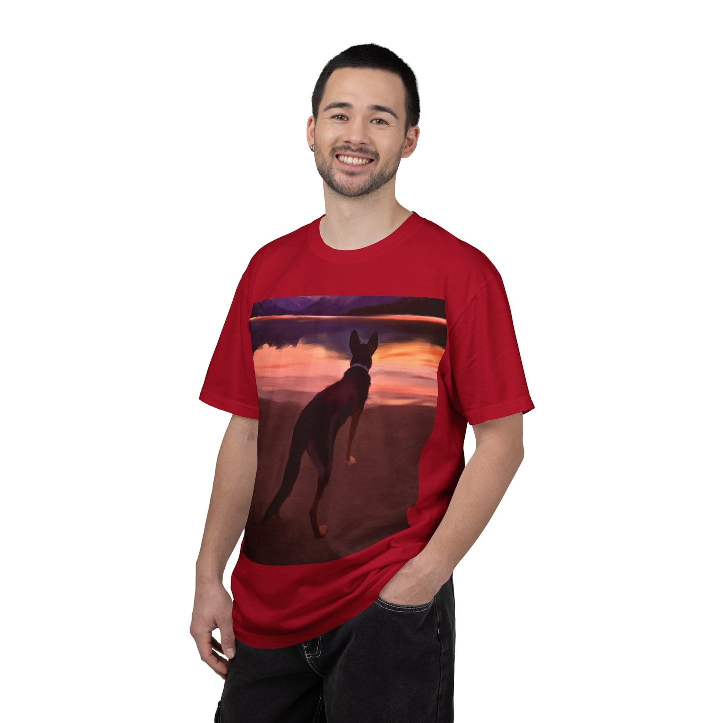 Sunset Mountains & Dog T-Shirt — Scenic Lake Reflection Tee