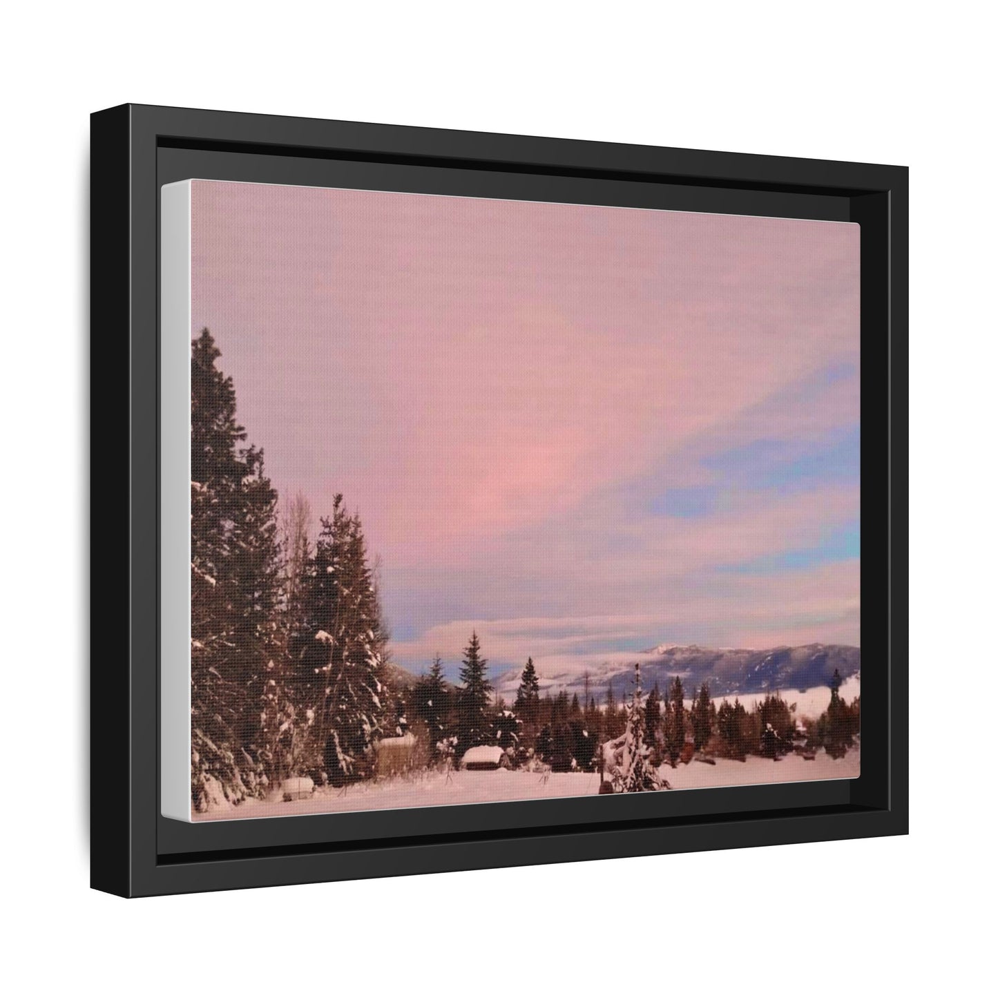Framed Matte Canvas Print — Pink Winter Sunset Landscape