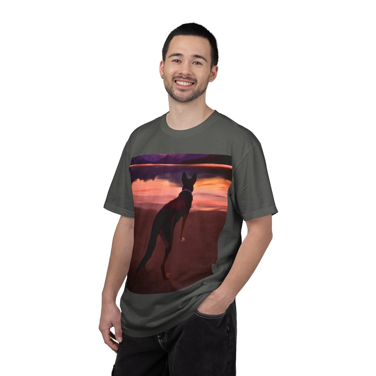Sunset Mountains & Dog T-Shirt — Scenic Lake Reflection Tee