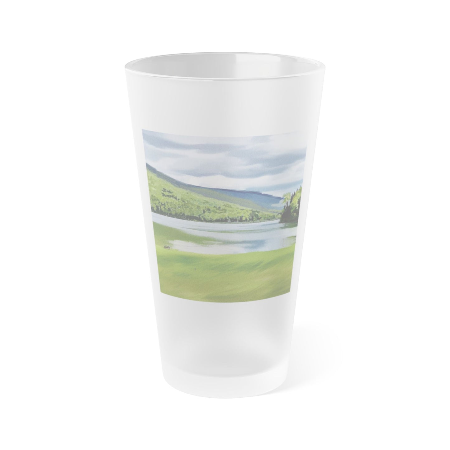 Frosted Pint Glass 16oz – Serene Lakeside Landscape Beer Tumbler
