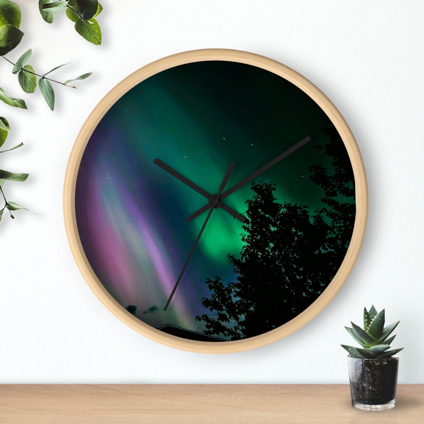 Aurora Night Sky Wall Clock — Northern Lights Landscape Decor