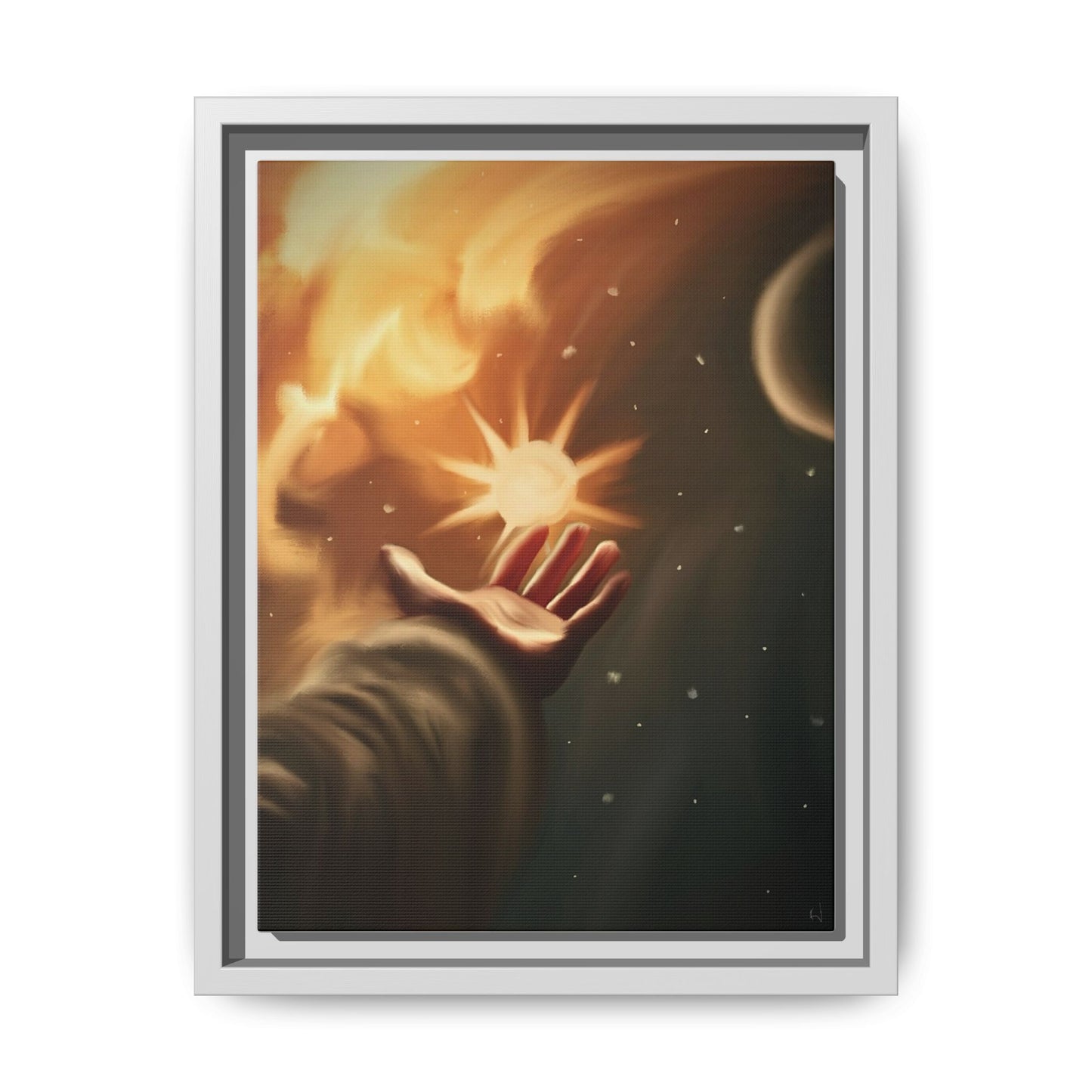 Framed Matte Canvas Art – Hand Reaching for Starry Sunscape