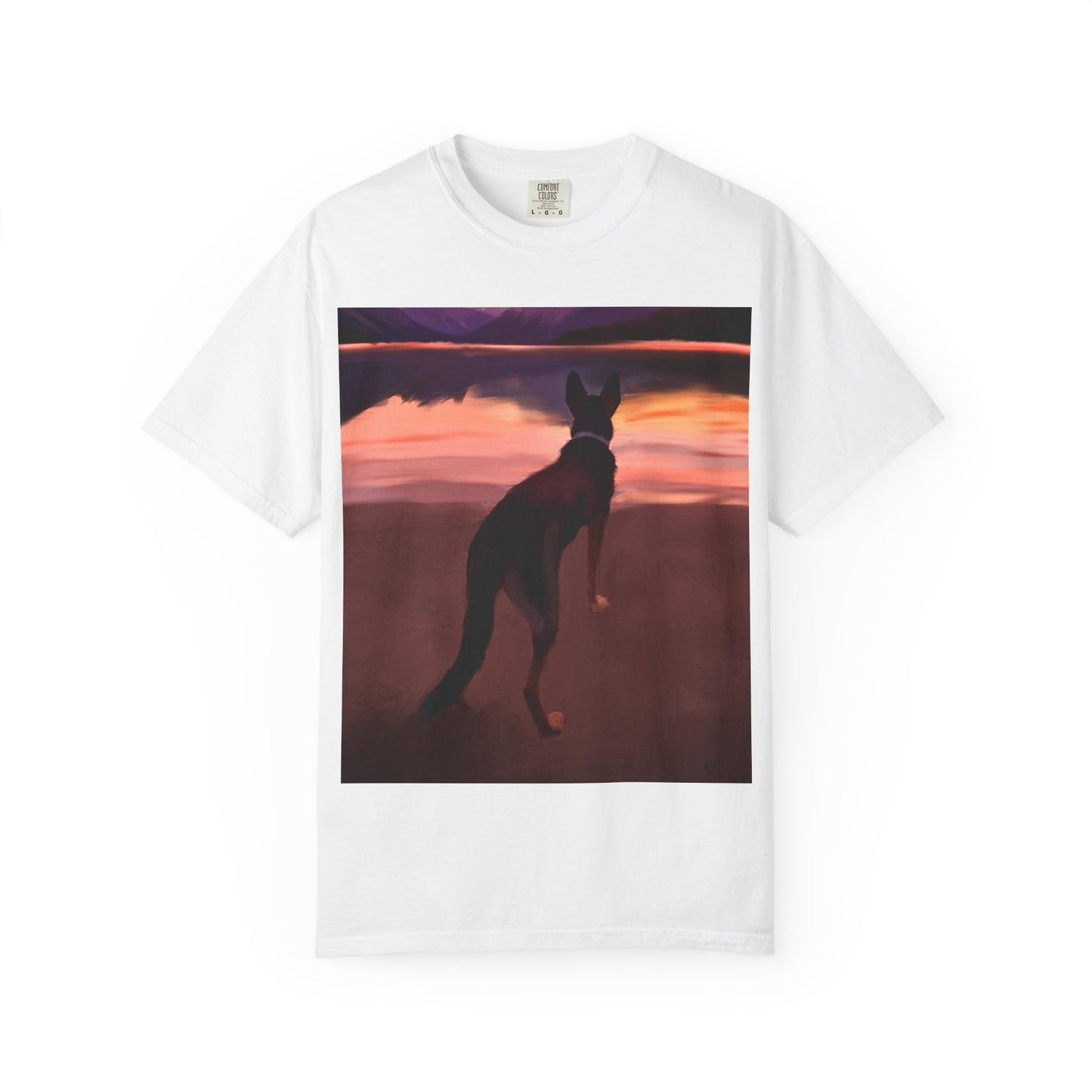 Sunset Mountains & Dog T-Shirt — Scenic Lake Reflection Tee