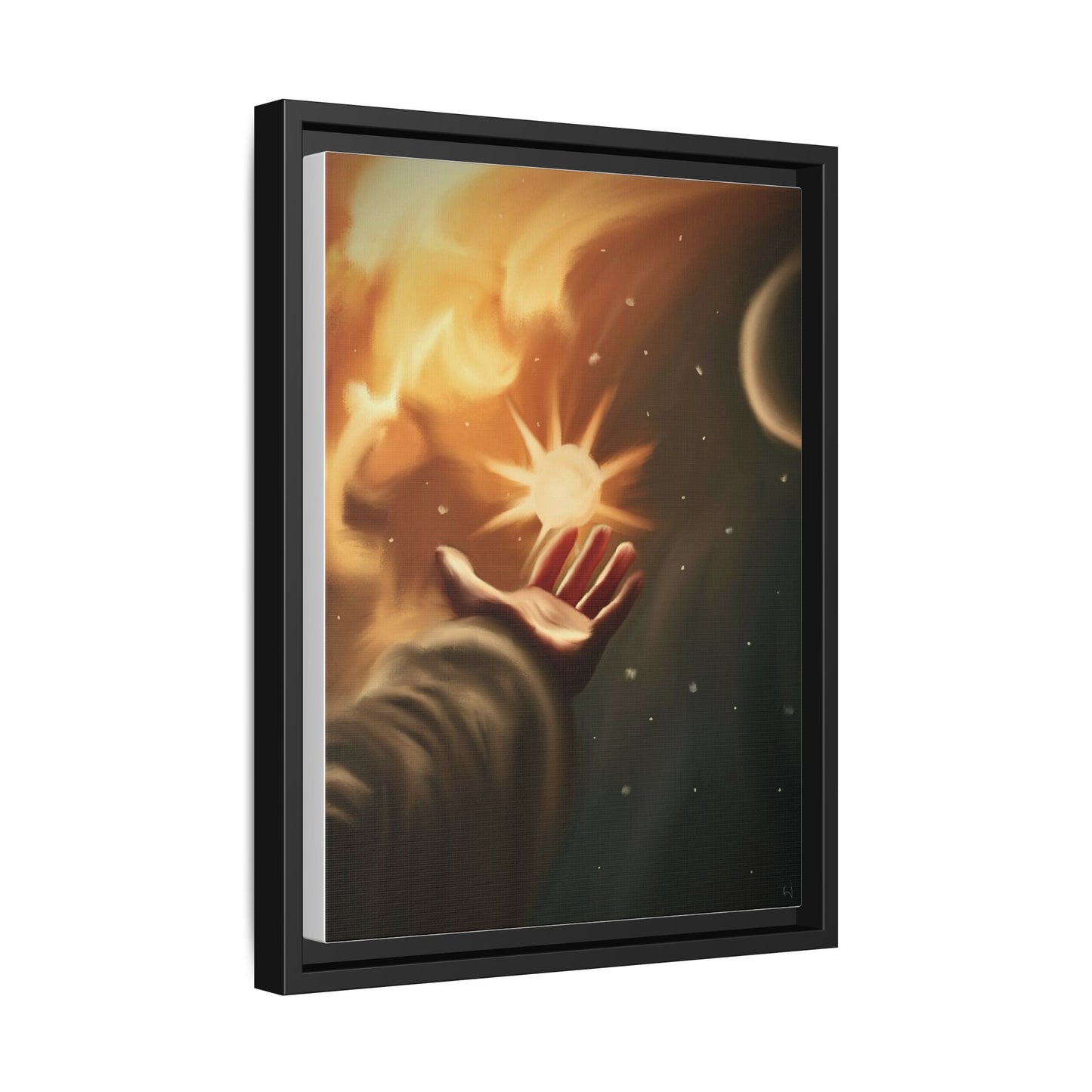 Framed Matte Canvas Art – Hand Reaching for Starry Sunscape
