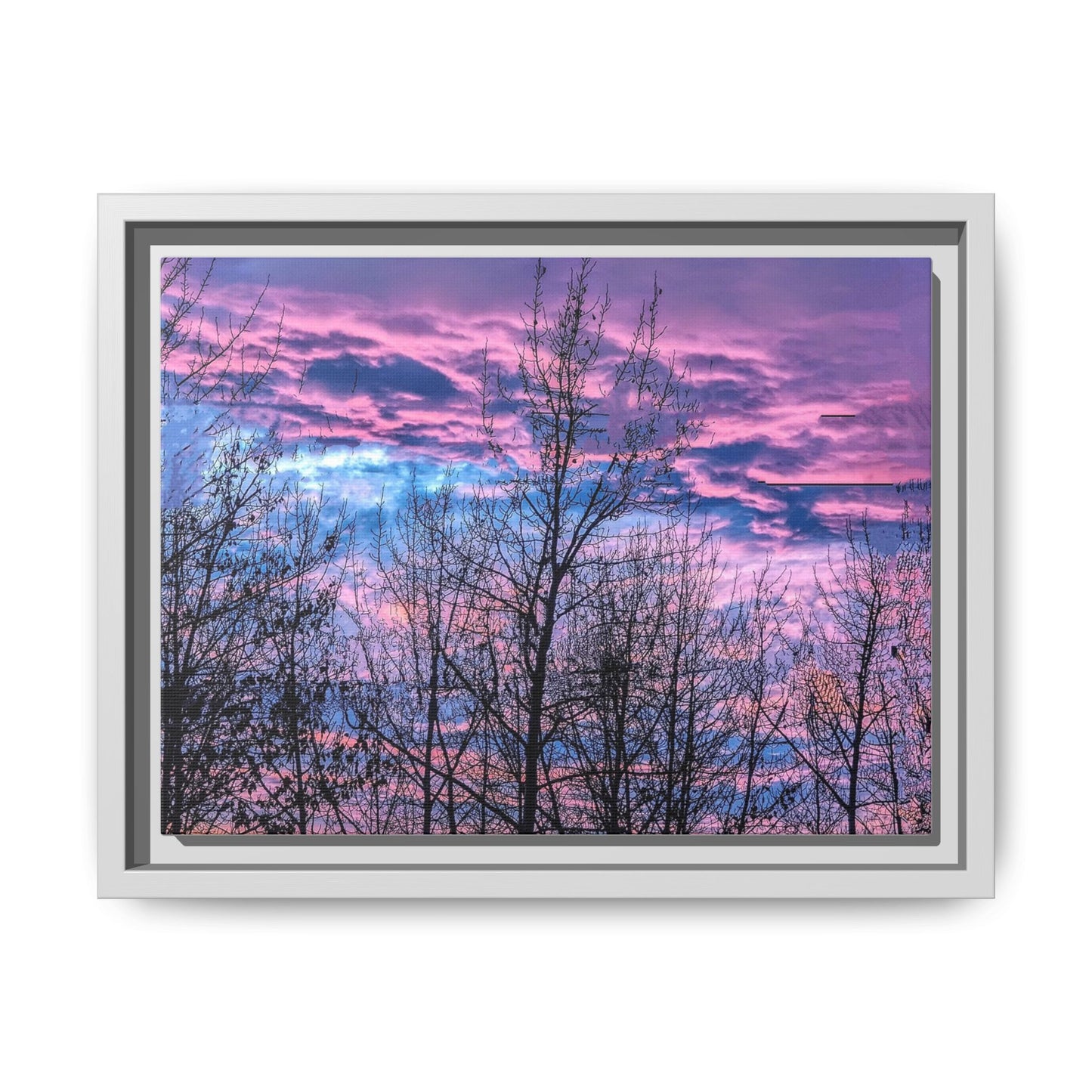 Framed Matte Canvas Sunset Sky Wall Art — Pink & Blue Tree Silhouette