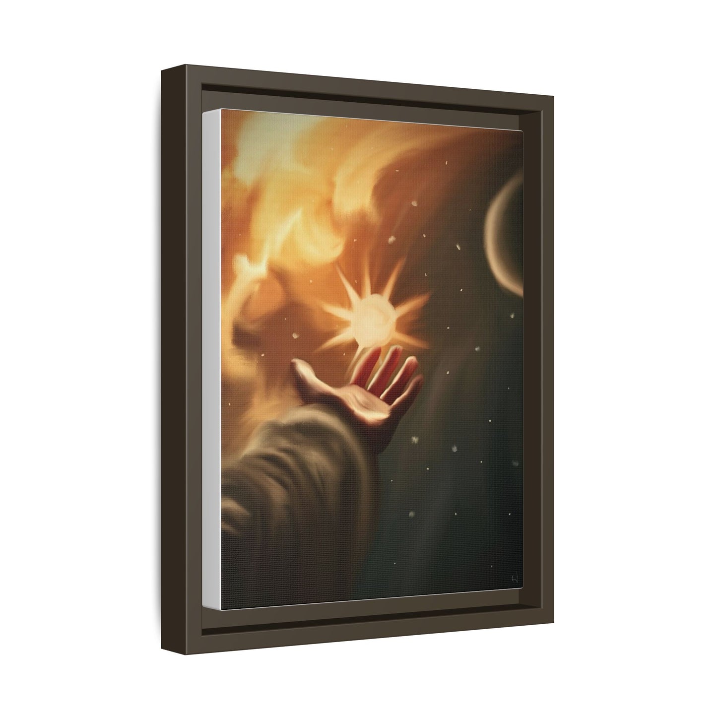 Framed Matte Canvas Art – Hand Reaching for Starry Sunscape