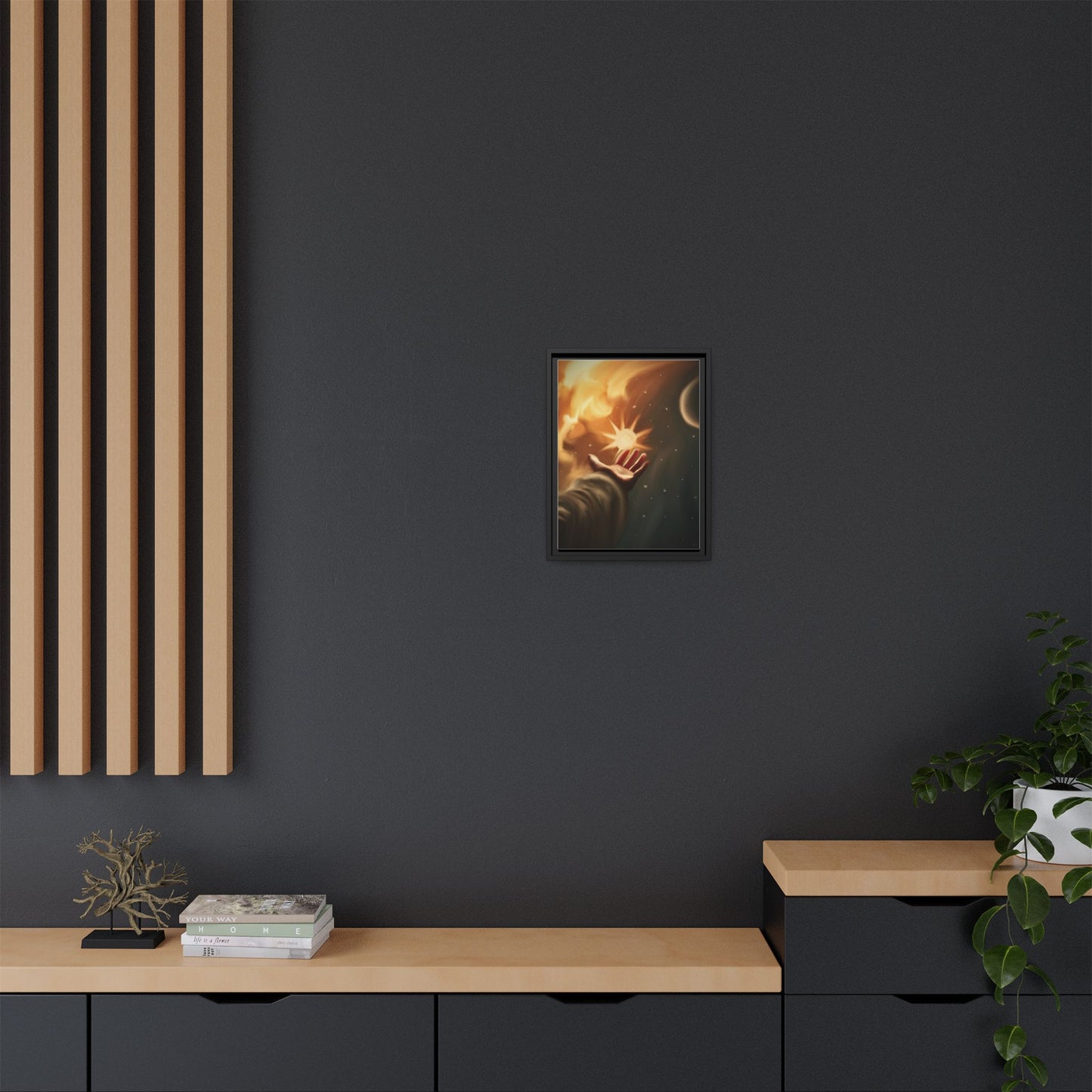 Framed Matte Canvas Art – Hand Reaching for Starry Sunscape