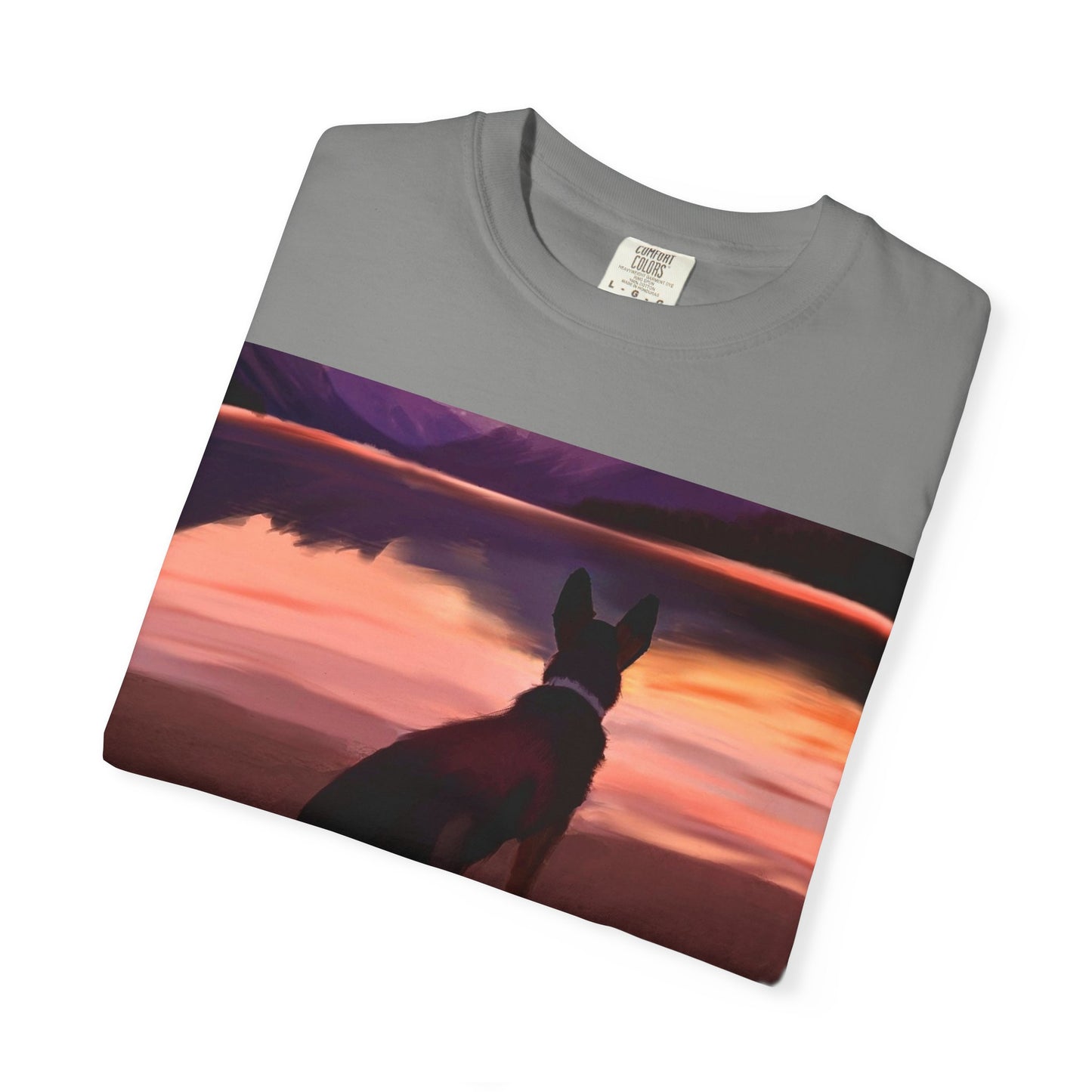 Sunset Mountains & Dog T-Shirt — Scenic Lake Reflection Tee