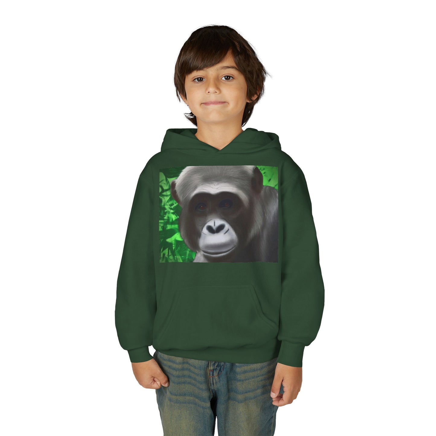 Gorilla Portrait Youth Hoodie — Cute Chimp Face Sweatshirt for Kids