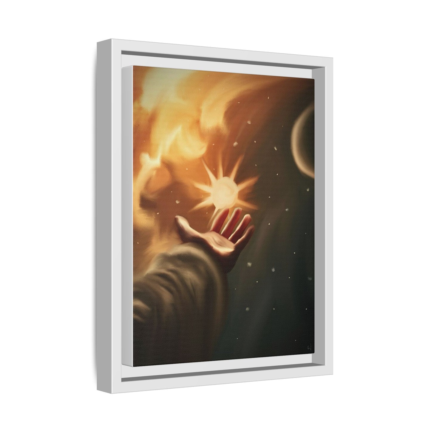 Framed Matte Canvas Art – Hand Reaching for Starry Sunscape