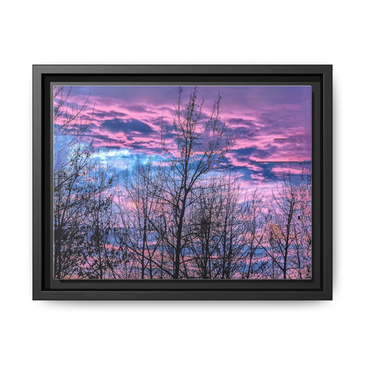 Framed Matte Canvas Sunset Sky Wall Art — Pink & Blue Tree Silhouette