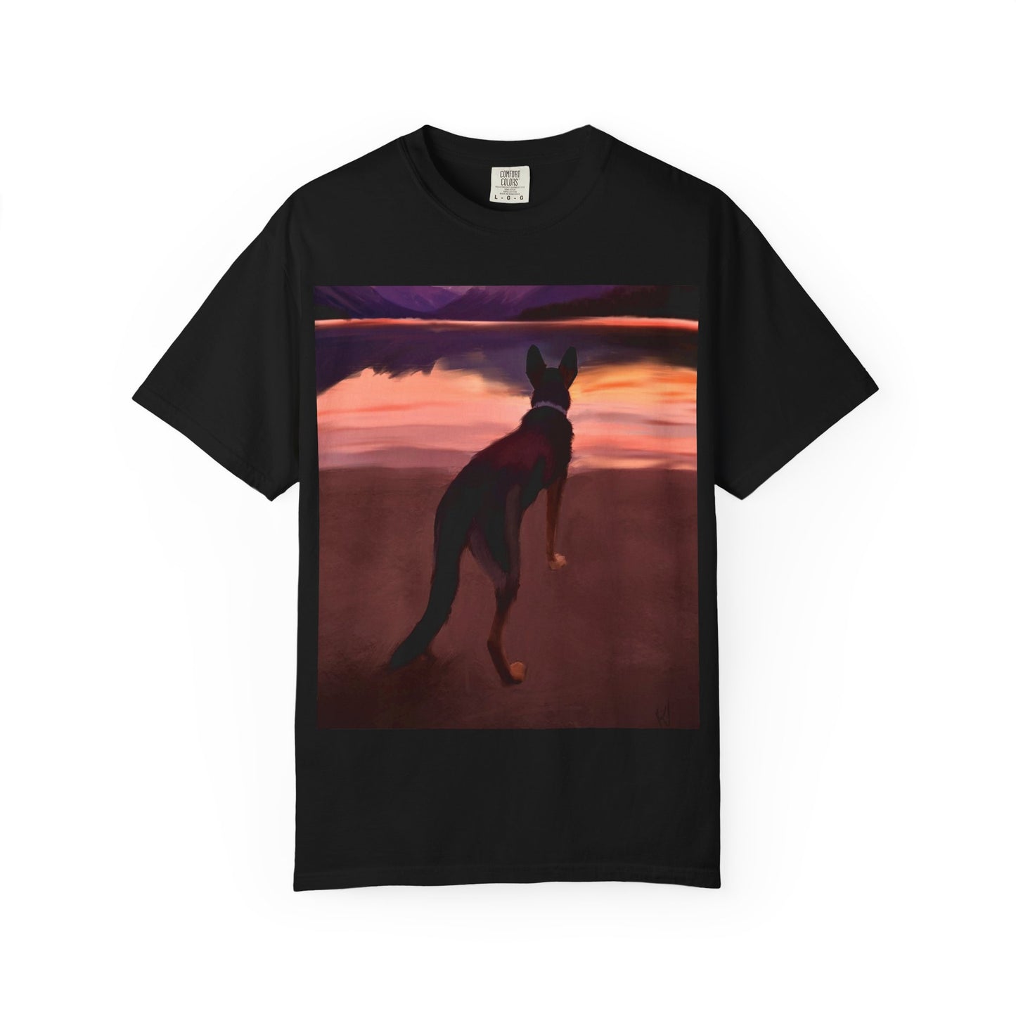 Sunset Mountains & Dog T-Shirt — Scenic Lake Reflection Tee