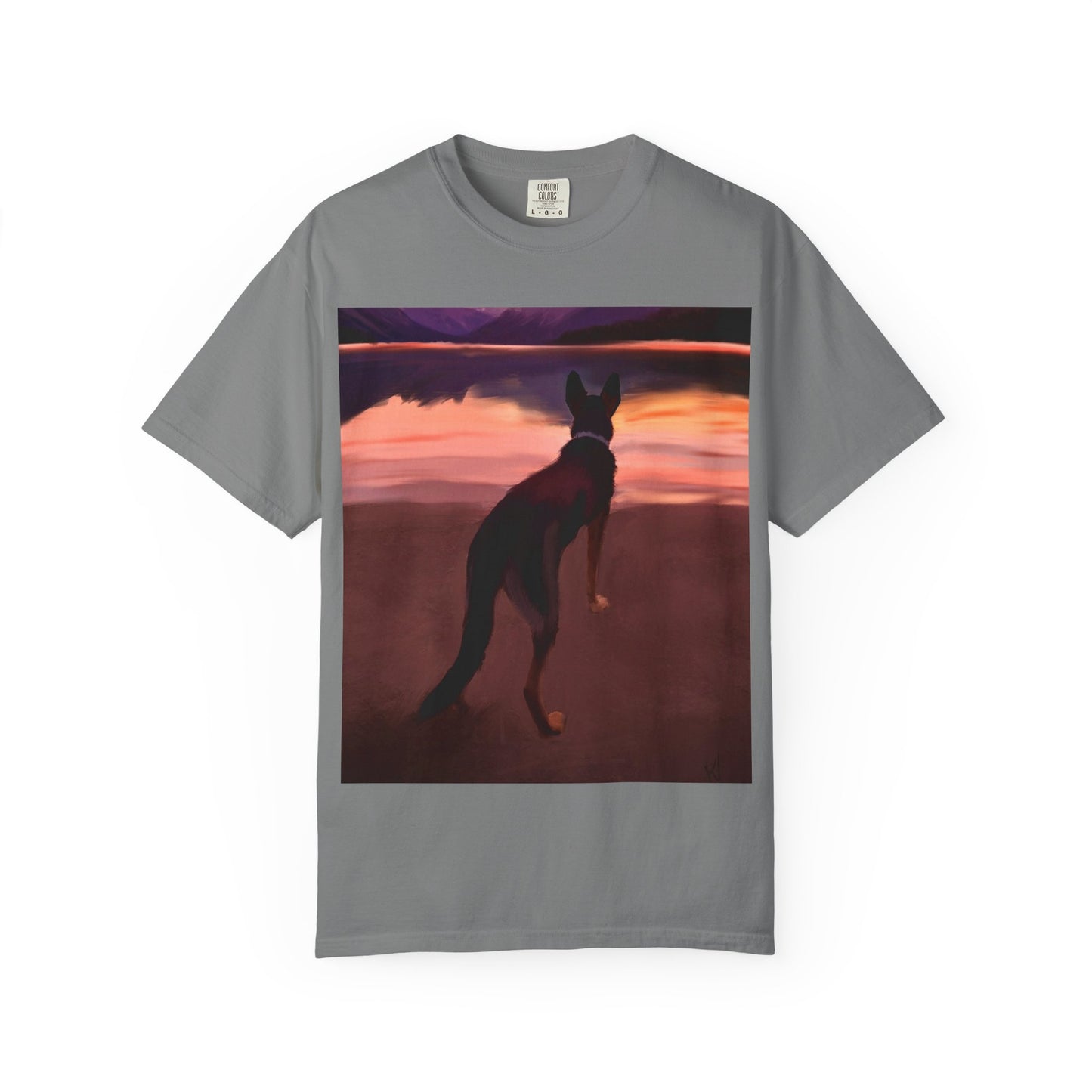 Sunset Mountains & Dog T-Shirt — Scenic Lake Reflection Tee