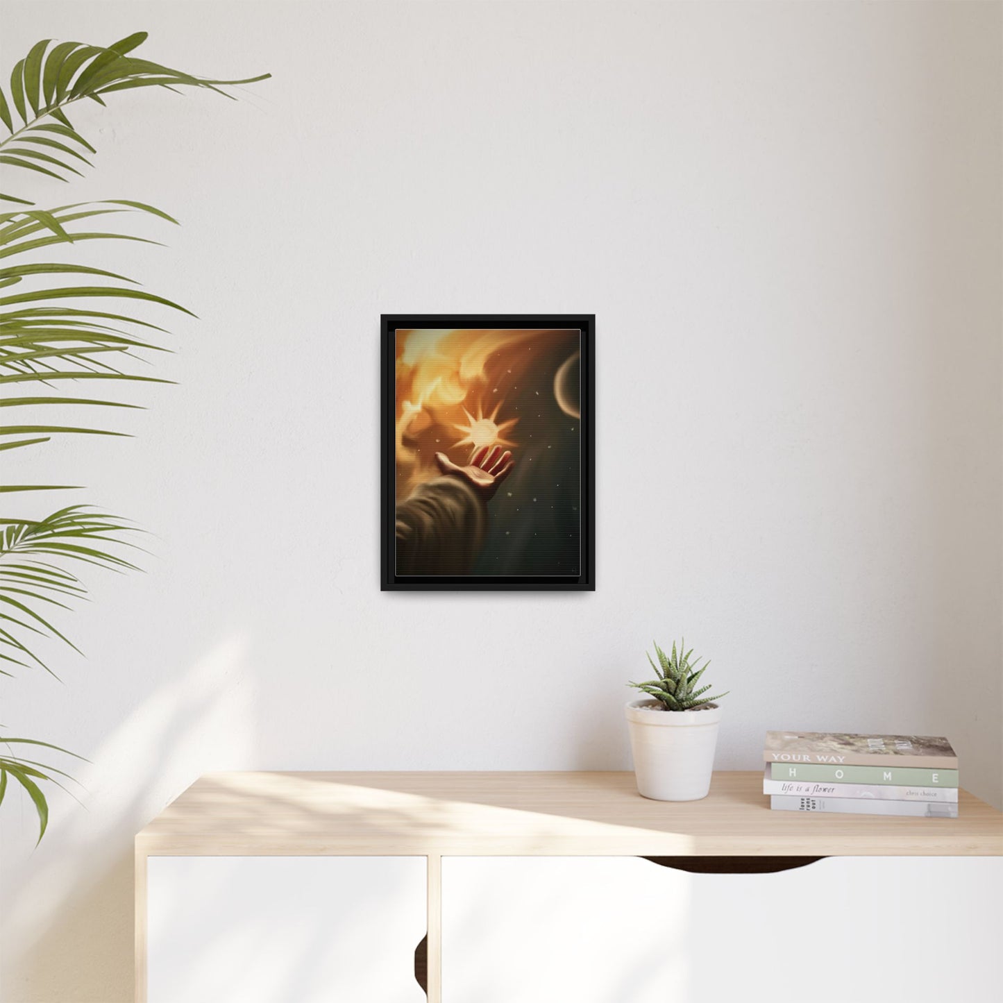 Framed Matte Canvas Art – Hand Reaching for Starry Sunscape