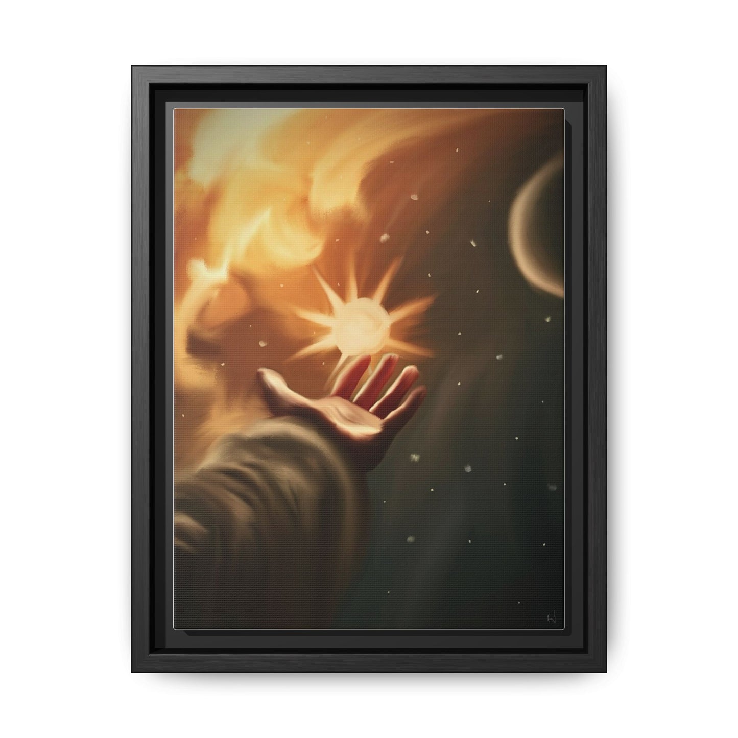 Framed Matte Canvas Art – Hand Reaching for Starry Sunscape