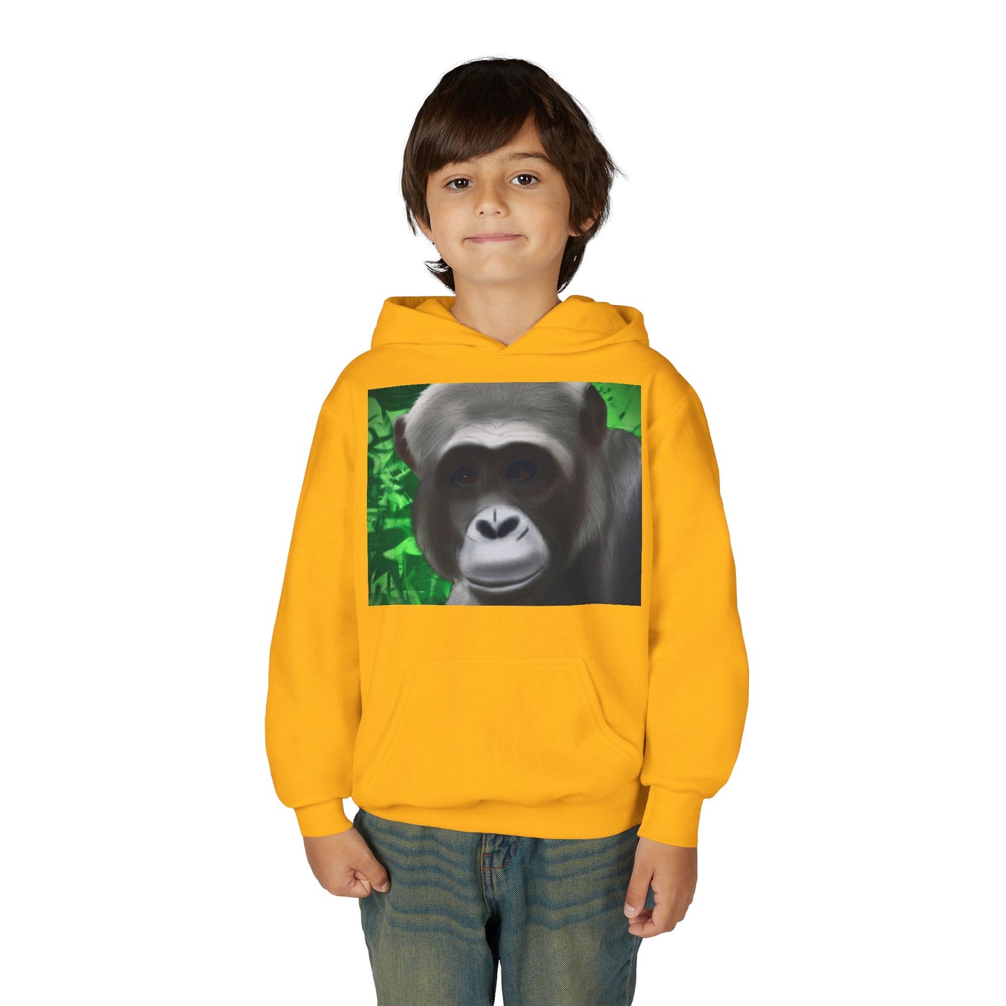Gorilla Portrait Youth Hoodie — Cute Chimp Face Sweatshirt for Kids