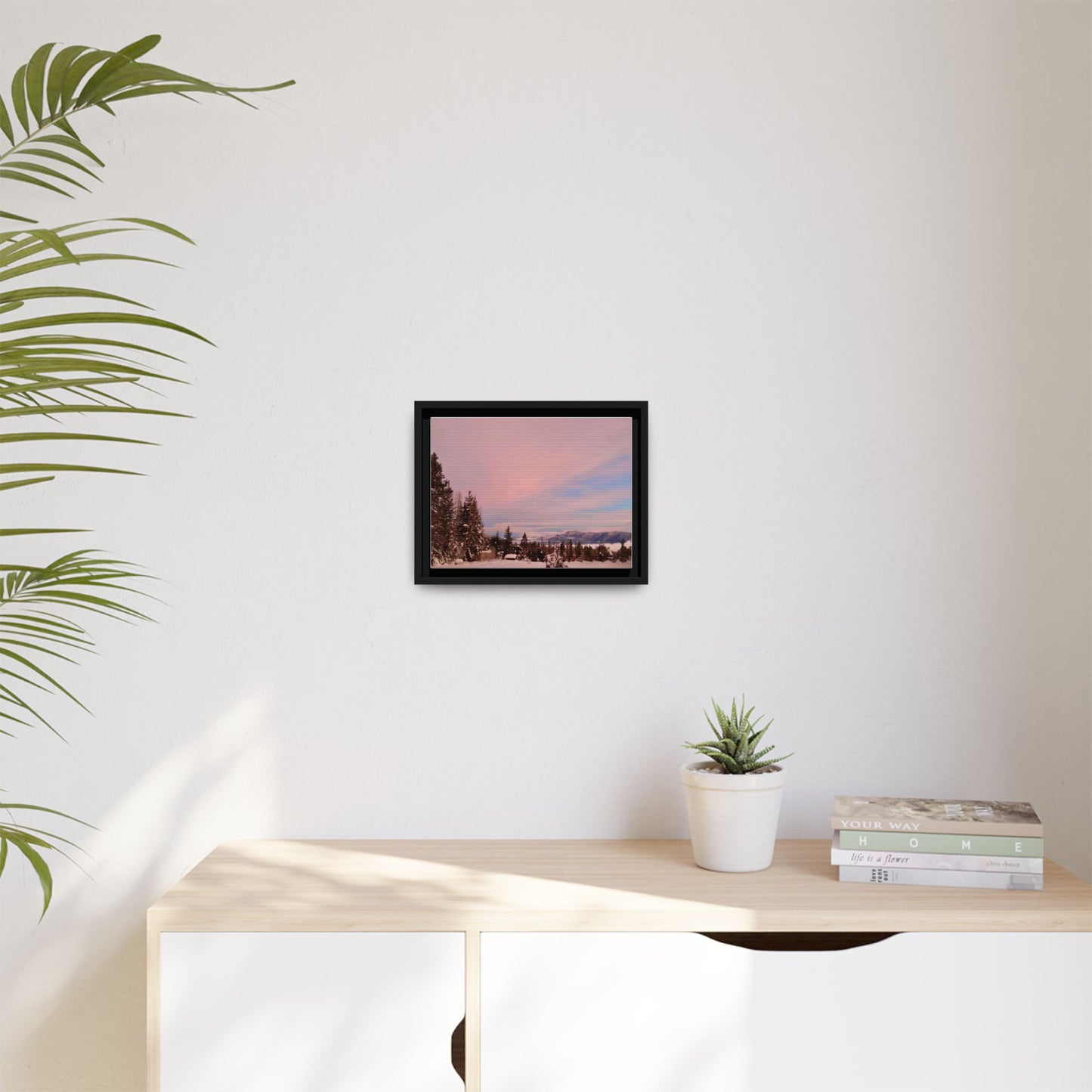 Framed Matte Canvas Print — Pink Winter Sunset Landscape