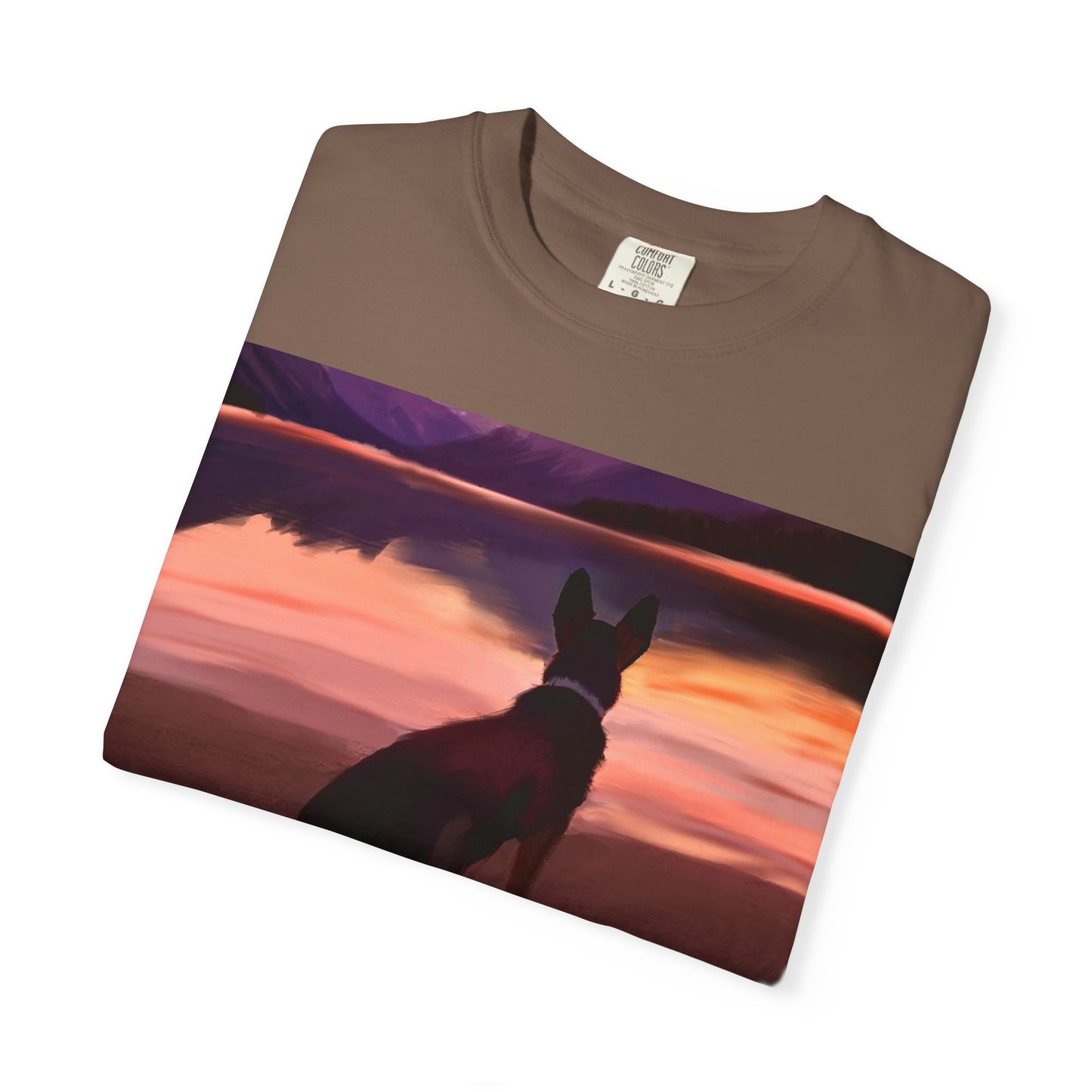 Sunset Mountains & Dog T-Shirt — Scenic Lake Reflection Tee