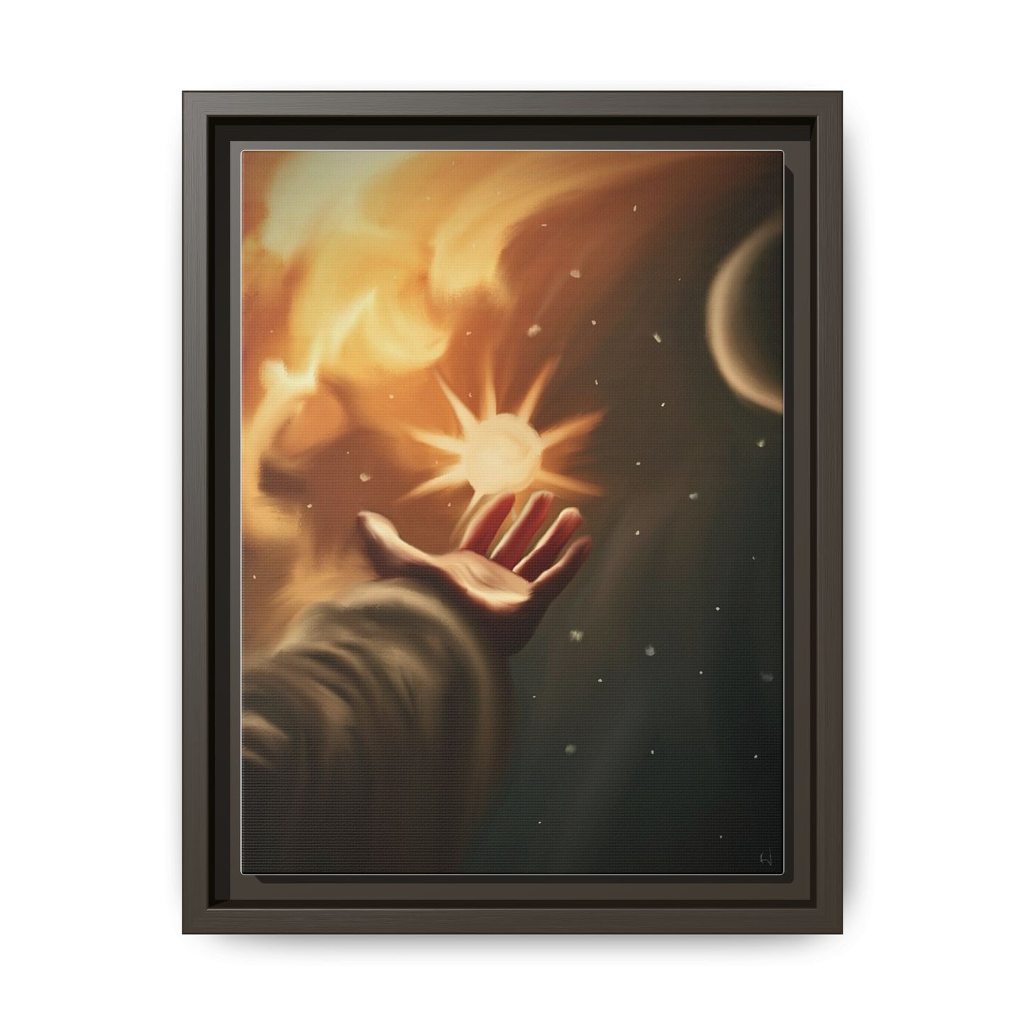 Framed Matte Canvas Art – Hand Reaching for Starry Sunscape