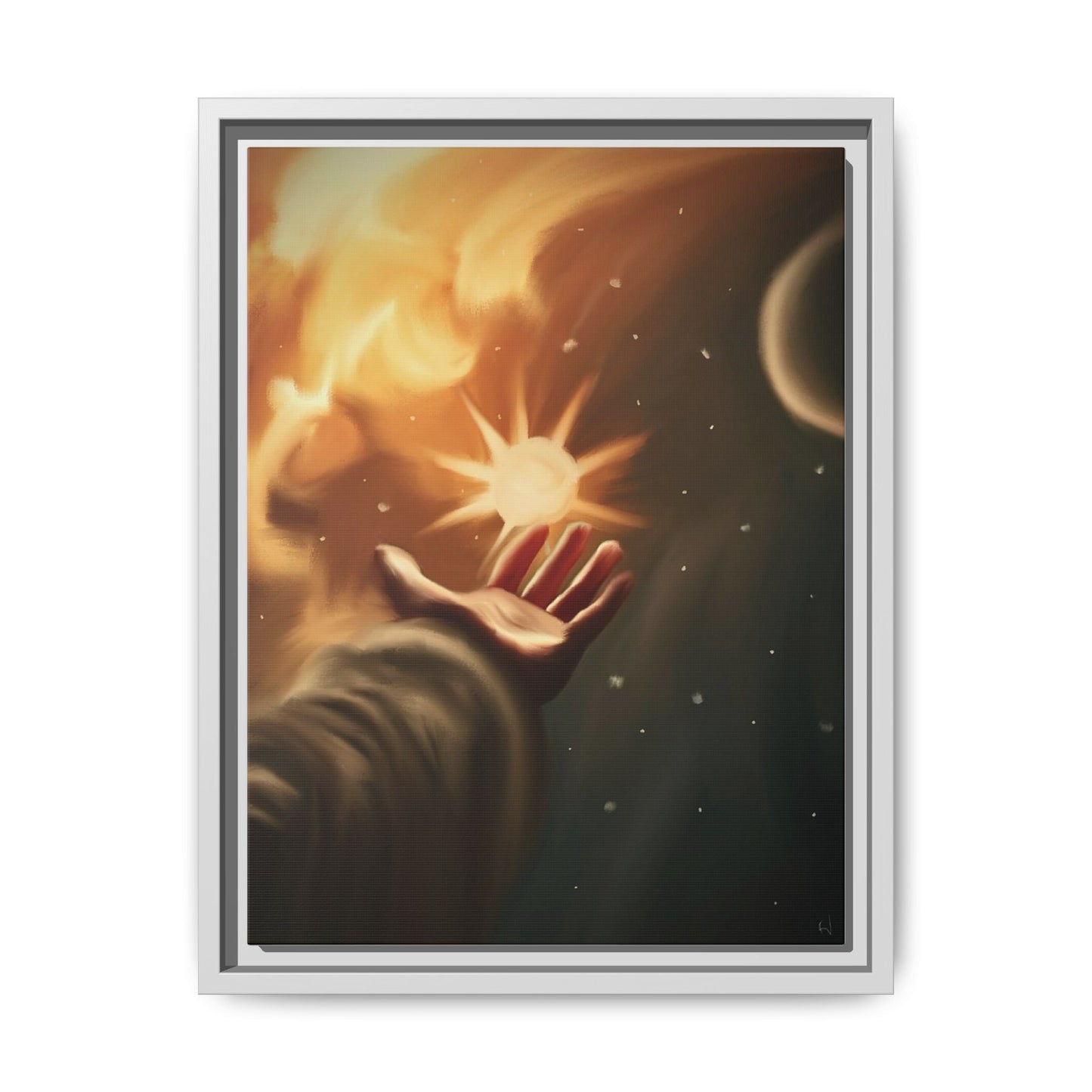 Framed Matte Canvas Art – Hand Reaching for Starry Sunscape