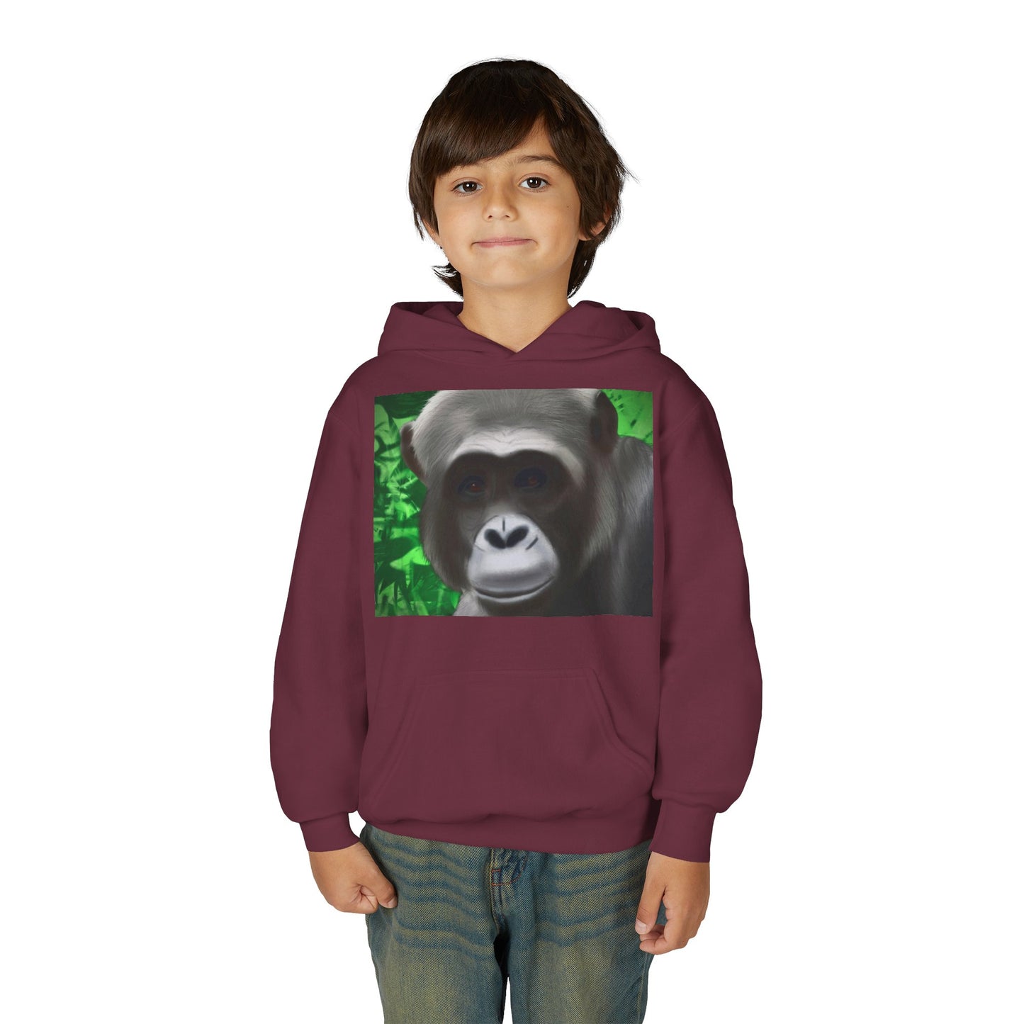 Gorilla Portrait Youth Hoodie — Cute Chimp Face Sweatshirt for Kids