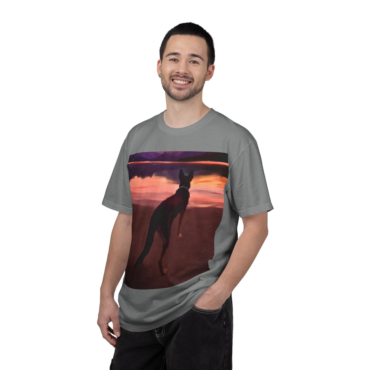 Sunset Mountains & Dog T-Shirt — Scenic Lake Reflection Tee