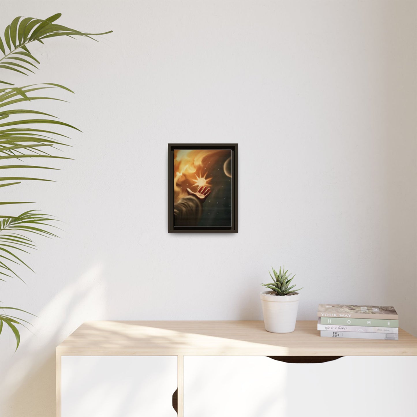 Framed Matte Canvas Art – Hand Reaching for Starry Sunscape
