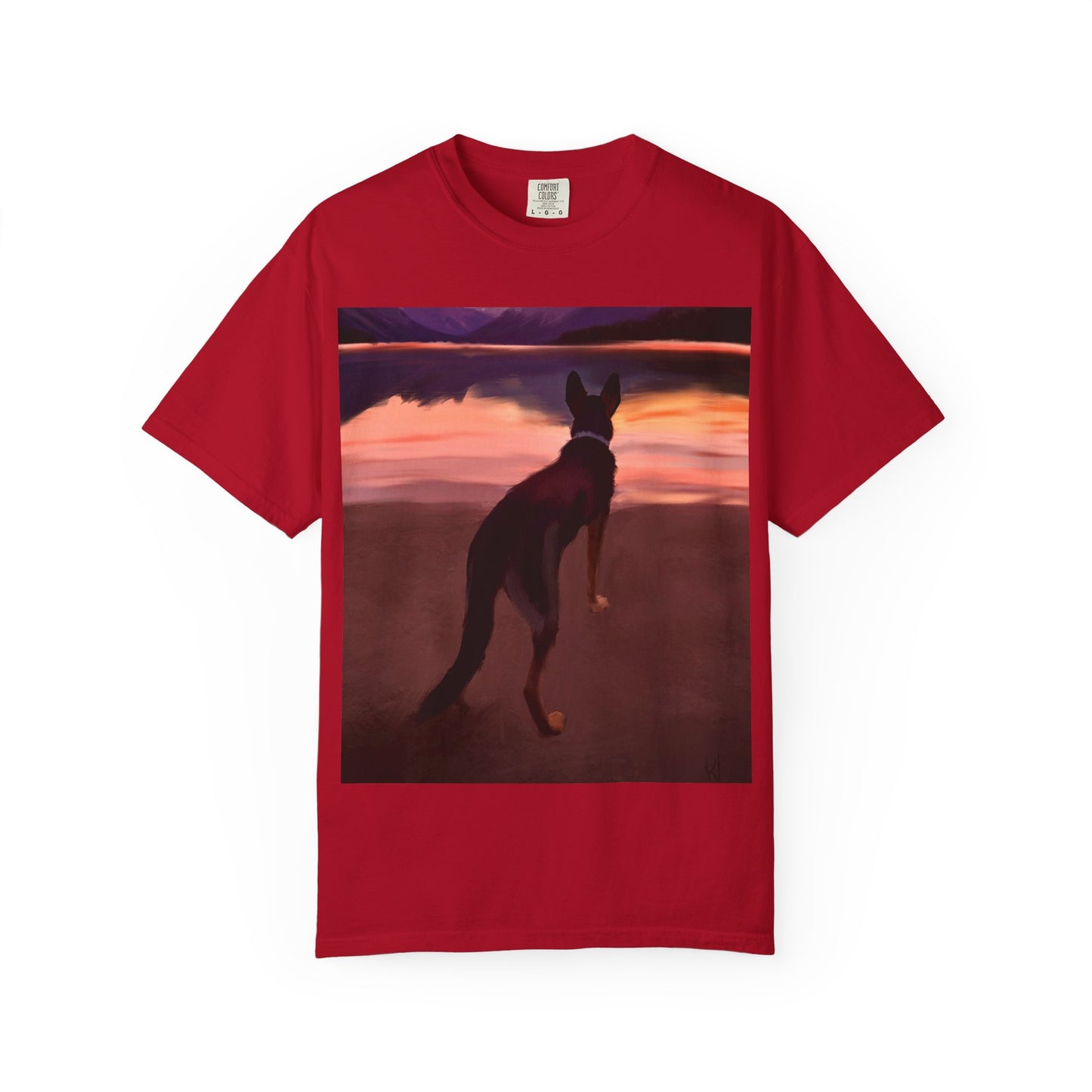 Sunset Mountains & Dog T-Shirt — Scenic Lake Reflection Tee