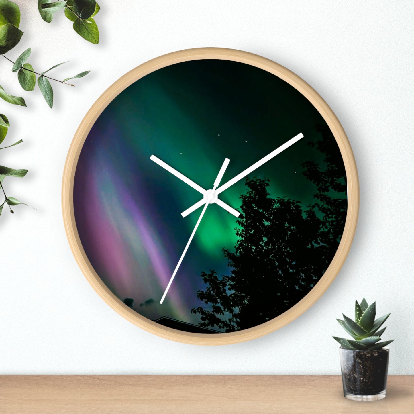 Aurora Night Sky Wall Clock — Northern Lights Landscape Decor