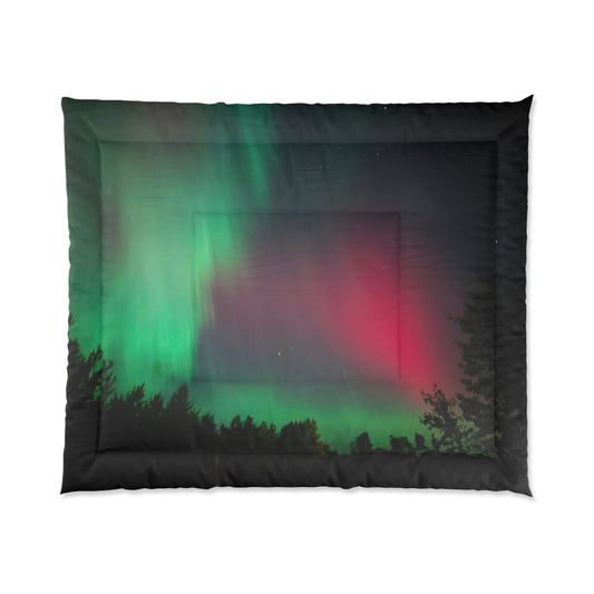 Northern Lights Comforter — Aurora Borealis Duvet Cover, Forest Silhouette Bedding