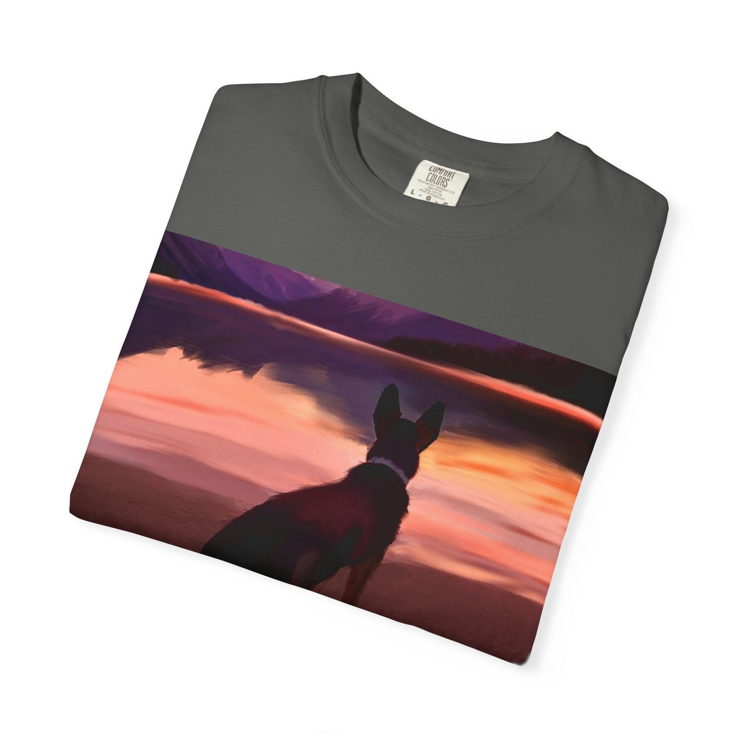 Sunset Mountains & Dog T-Shirt — Scenic Lake Reflection Tee