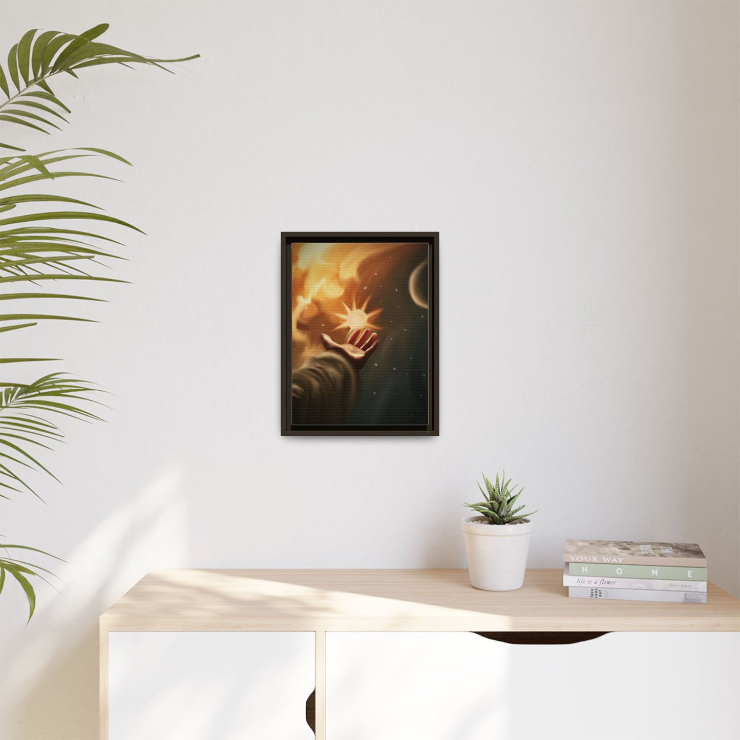 Framed Matte Canvas Art – Hand Reaching for Starry Sunscape