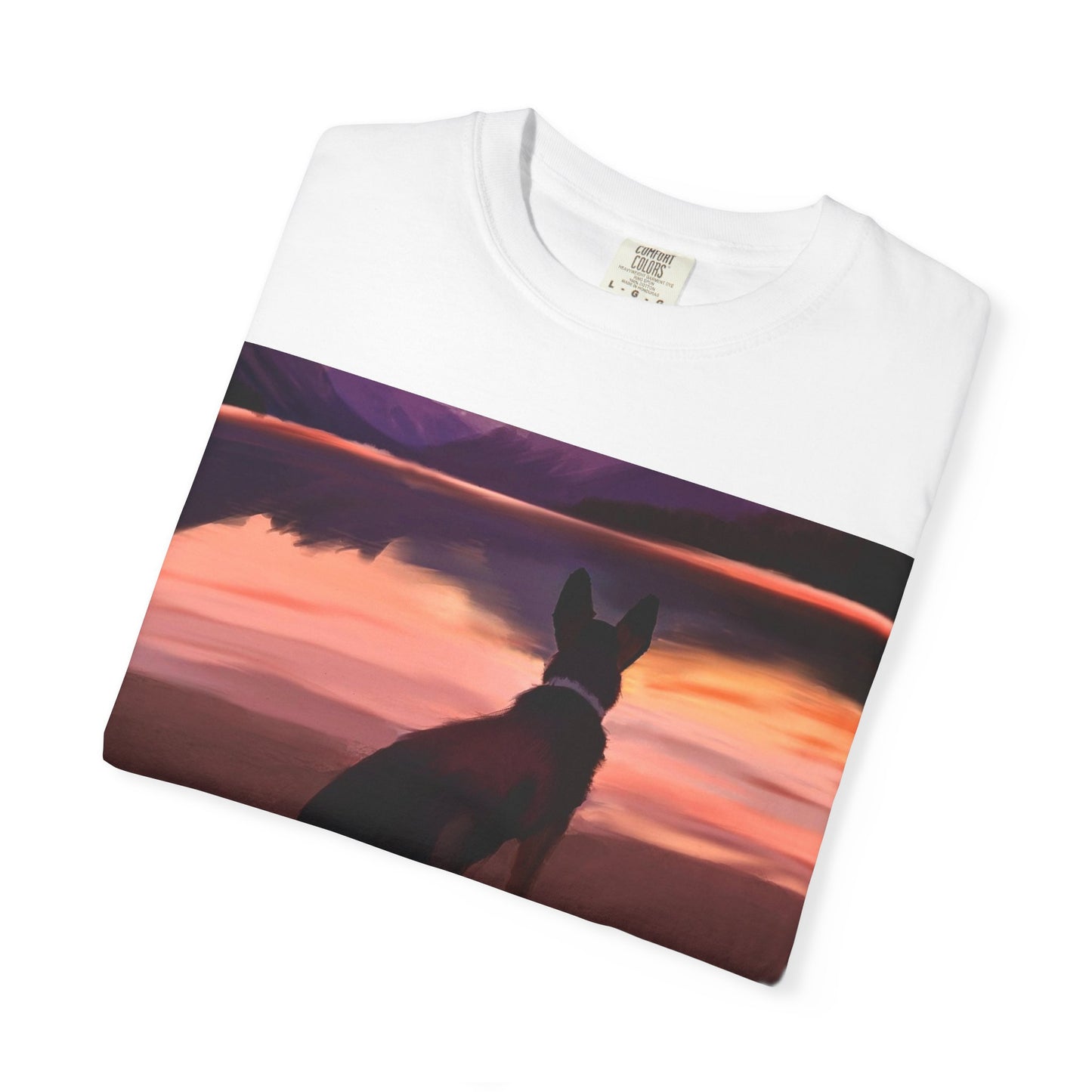 Sunset Mountains & Dog T-Shirt — Scenic Lake Reflection Tee