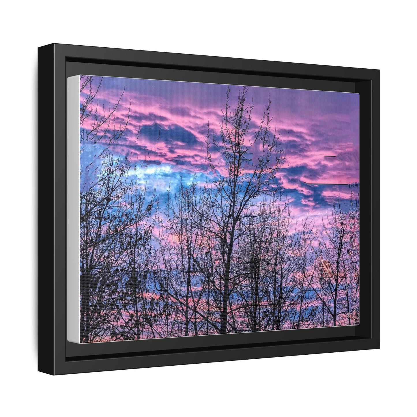 Framed Matte Canvas Sunset Sky Wall Art — Pink & Blue Tree Silhouette