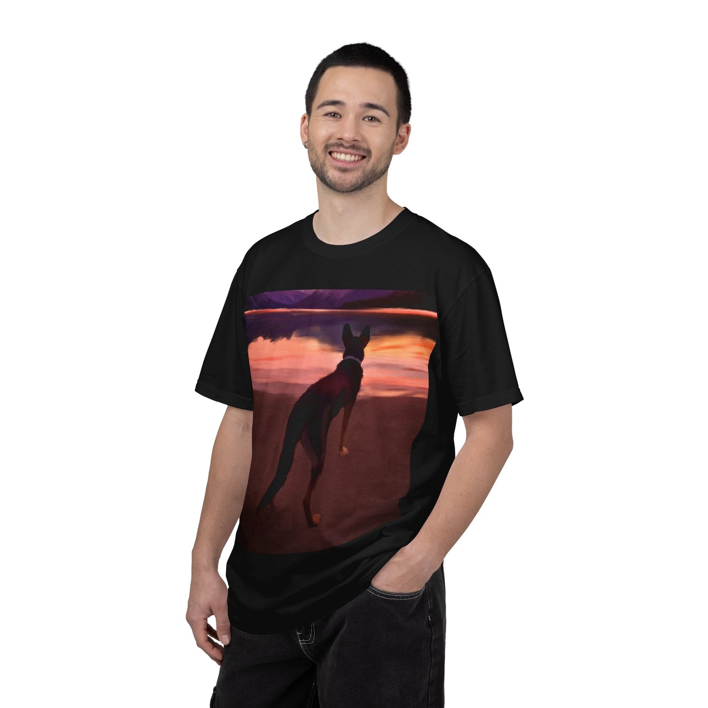Sunset Mountains & Dog T-Shirt — Scenic Lake Reflection Tee