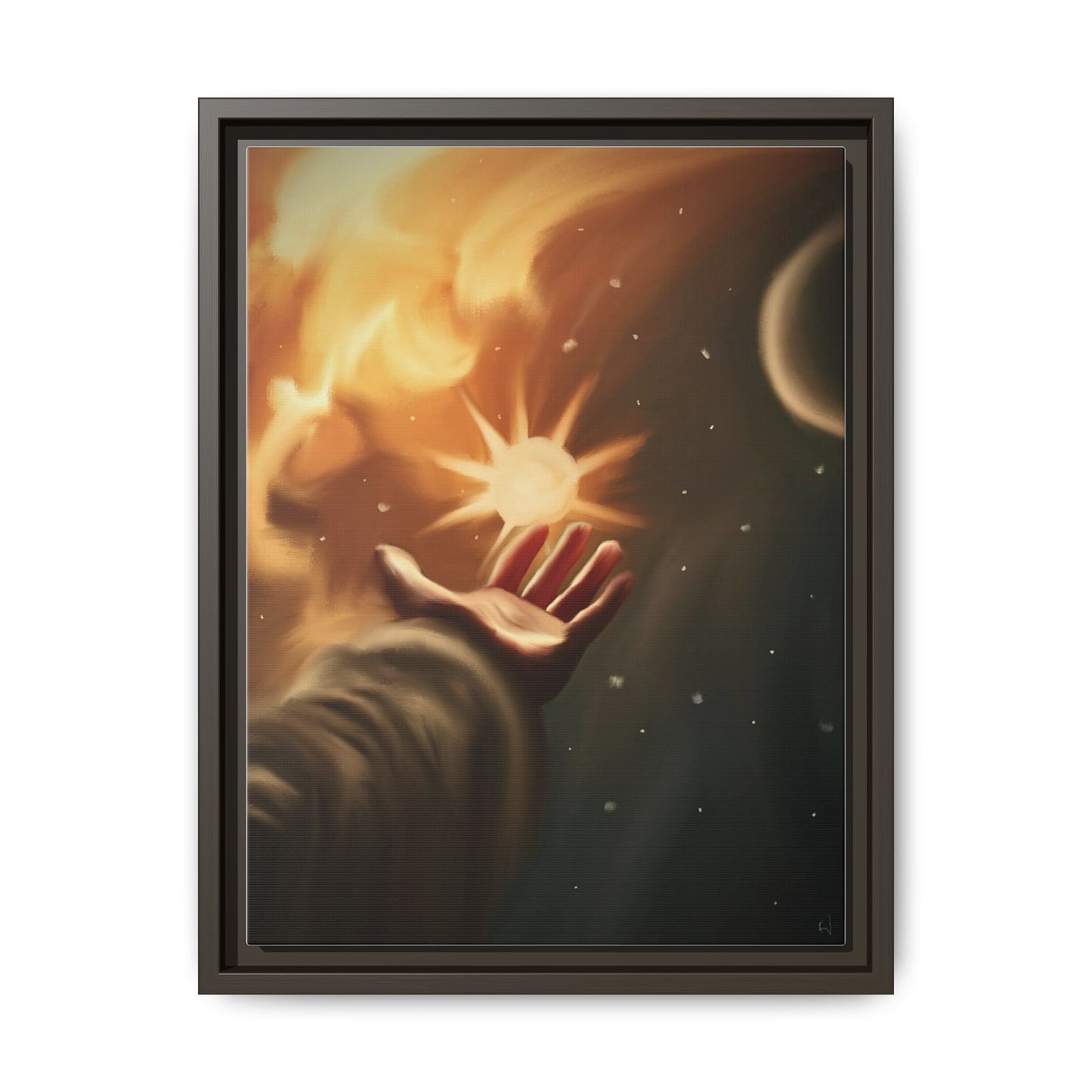 Framed Matte Canvas Art – Hand Reaching for Starry Sunscape