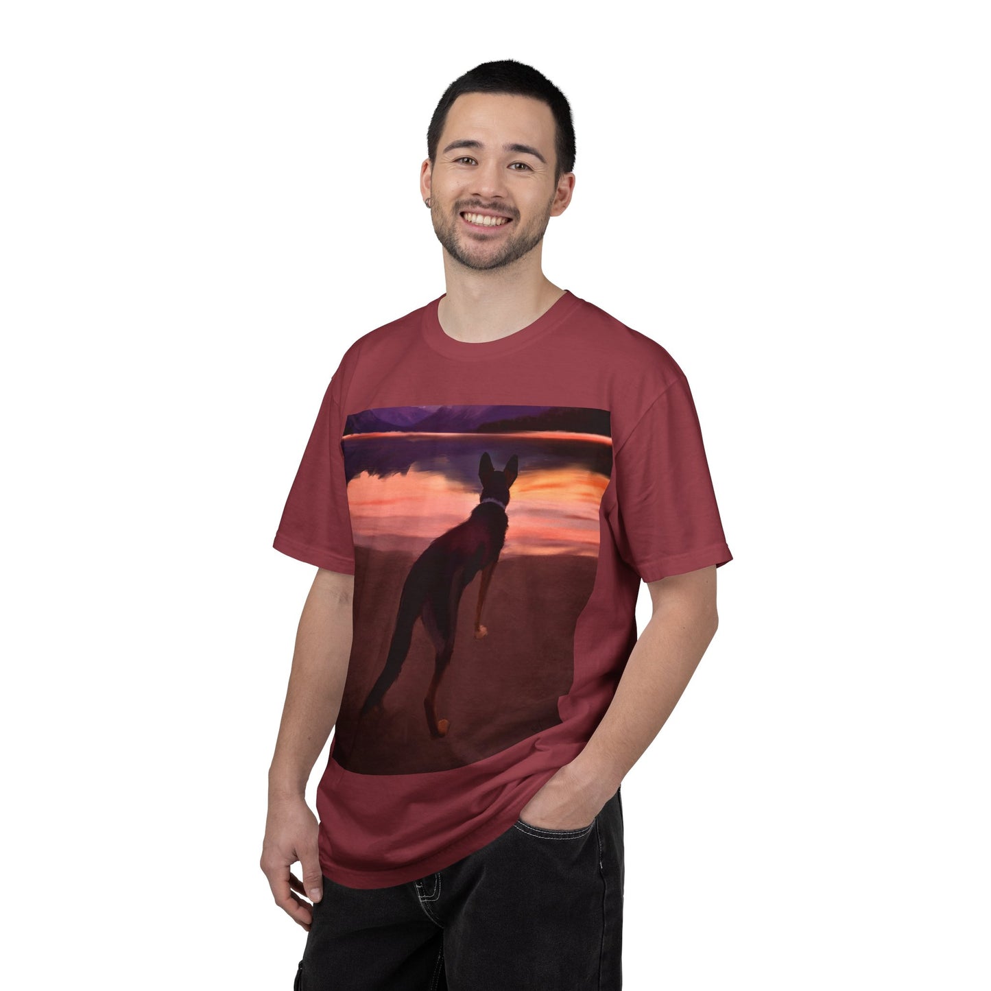 Sunset Mountains & Dog T-Shirt — Scenic Lake Reflection Tee