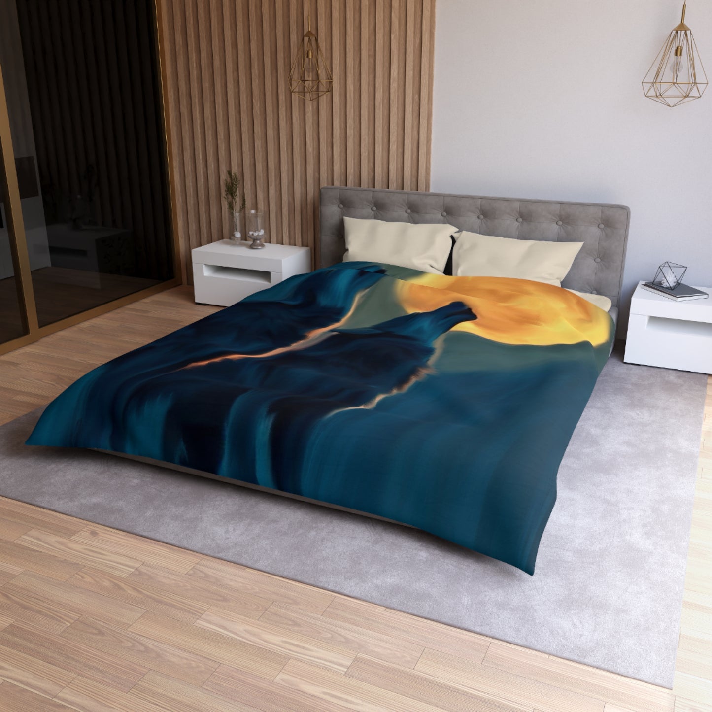 Howling Wolf Moon Duvet Cover — Midnight Wildlife Microfiber Bedding