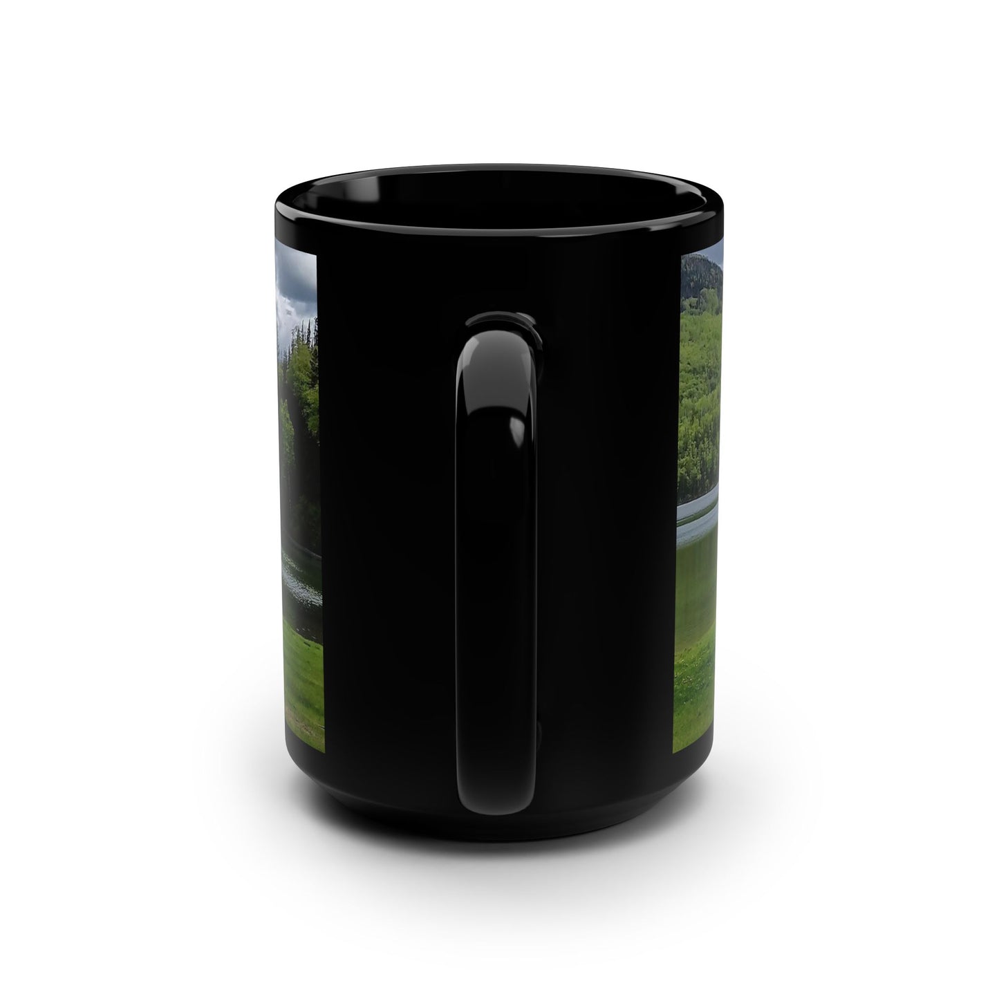 Lake View Black 15oz Mug — Scenic Mountain & Lake Coffee Cup
