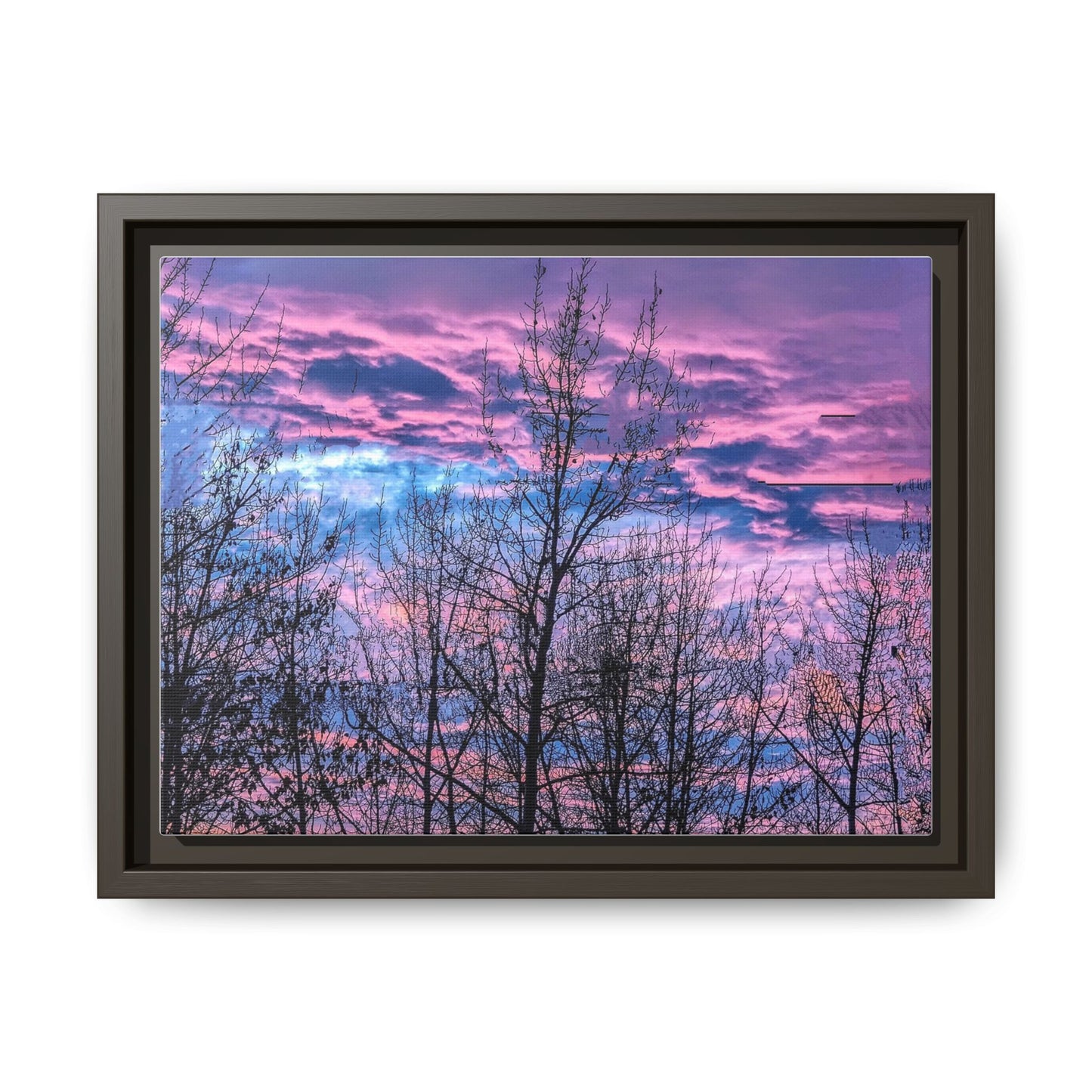Framed Matte Canvas Sunset Sky Wall Art — Pink & Blue Tree Silhouette