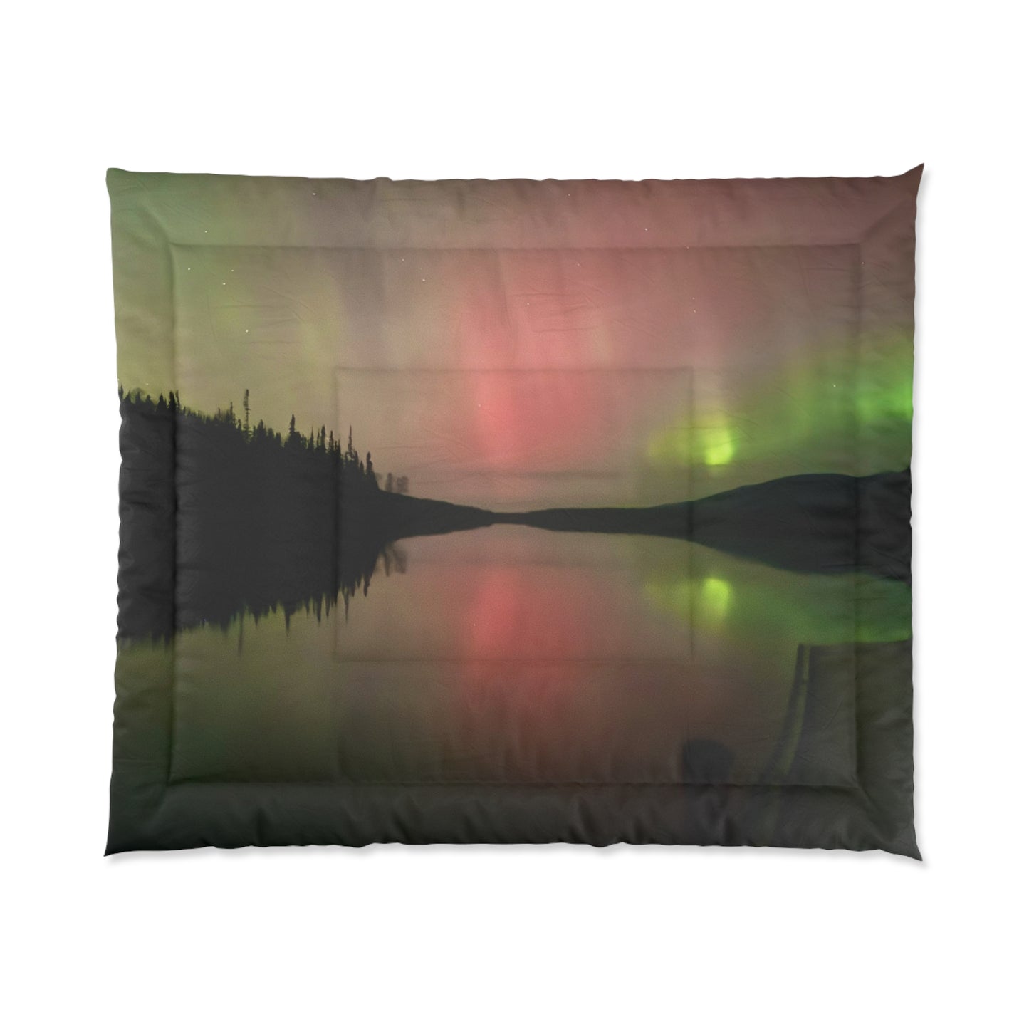 Aurora Lake Comforter - Northern Lights Bedding with Forest Silhouette