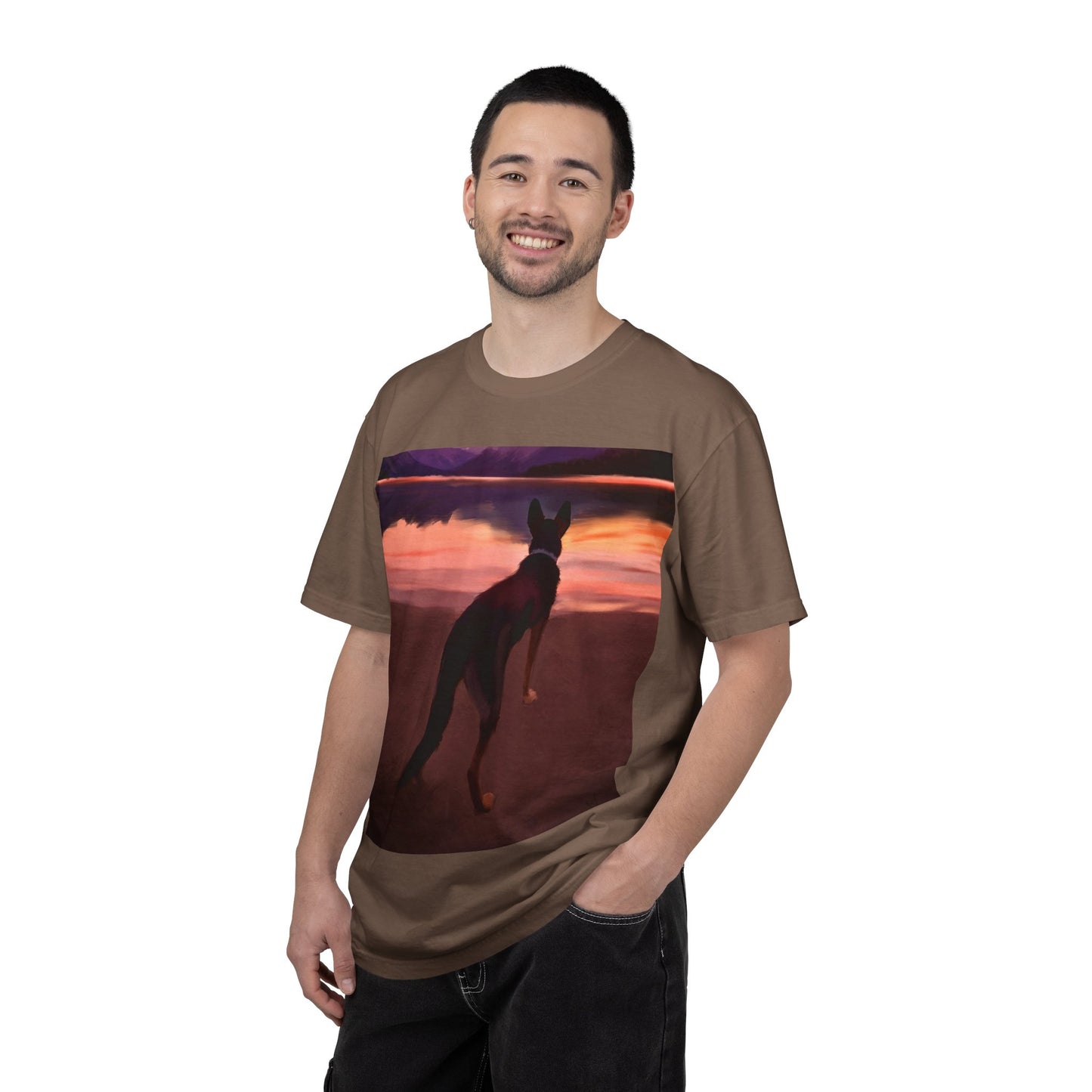 Sunset Mountains & Dog T-Shirt — Scenic Lake Reflection Tee